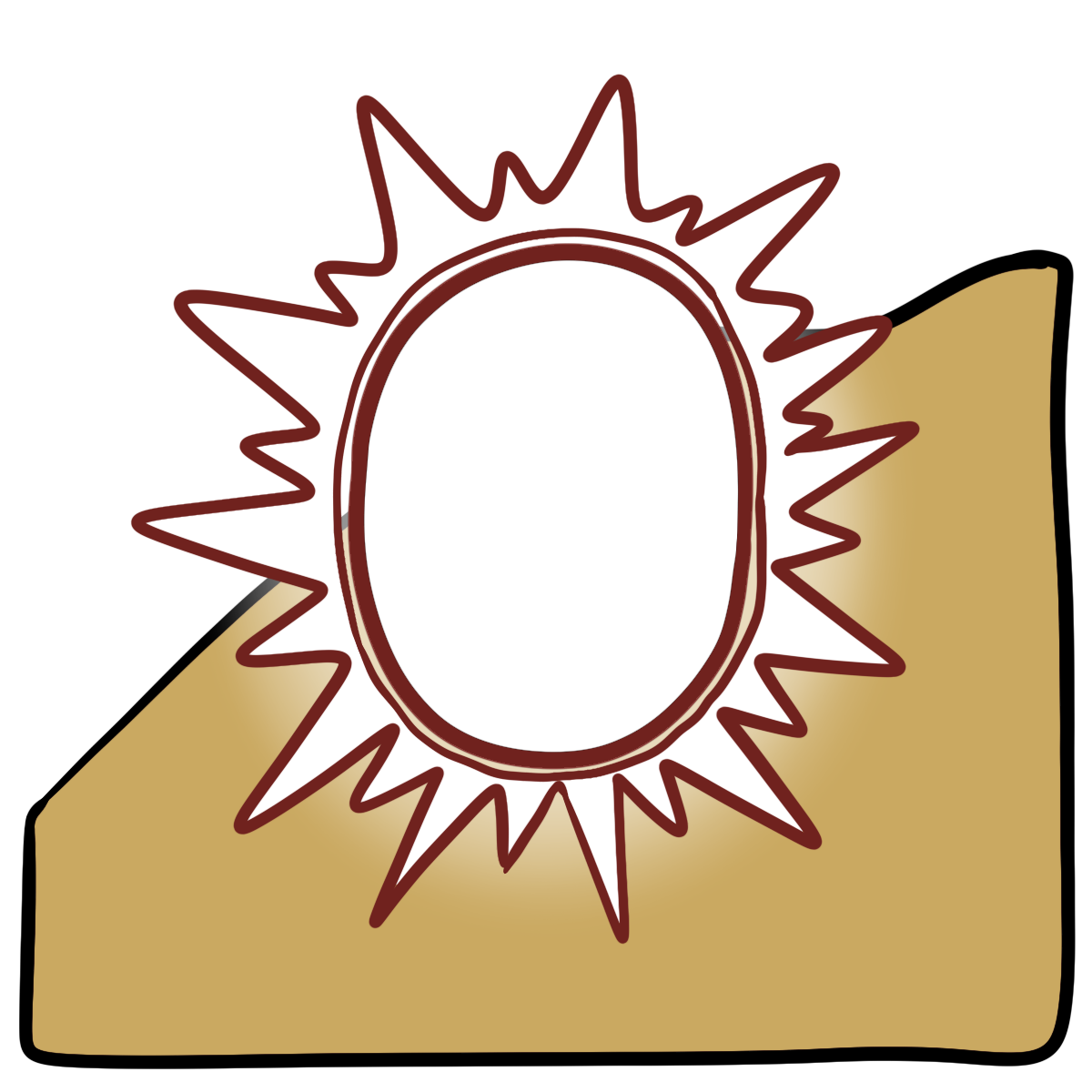 A glowing white oval with a ring of white outward points around it with red outlines. Curved yellow skin fills the bottom half of the background.